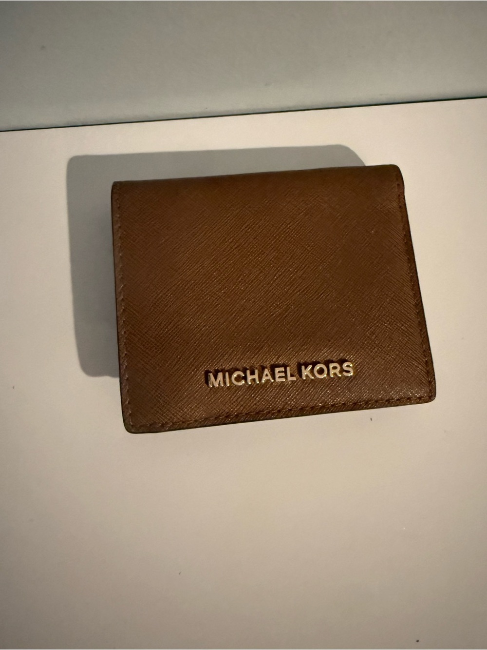 Michael Kors Brown Saffiano Fold Wallet with Gold Logo Plate